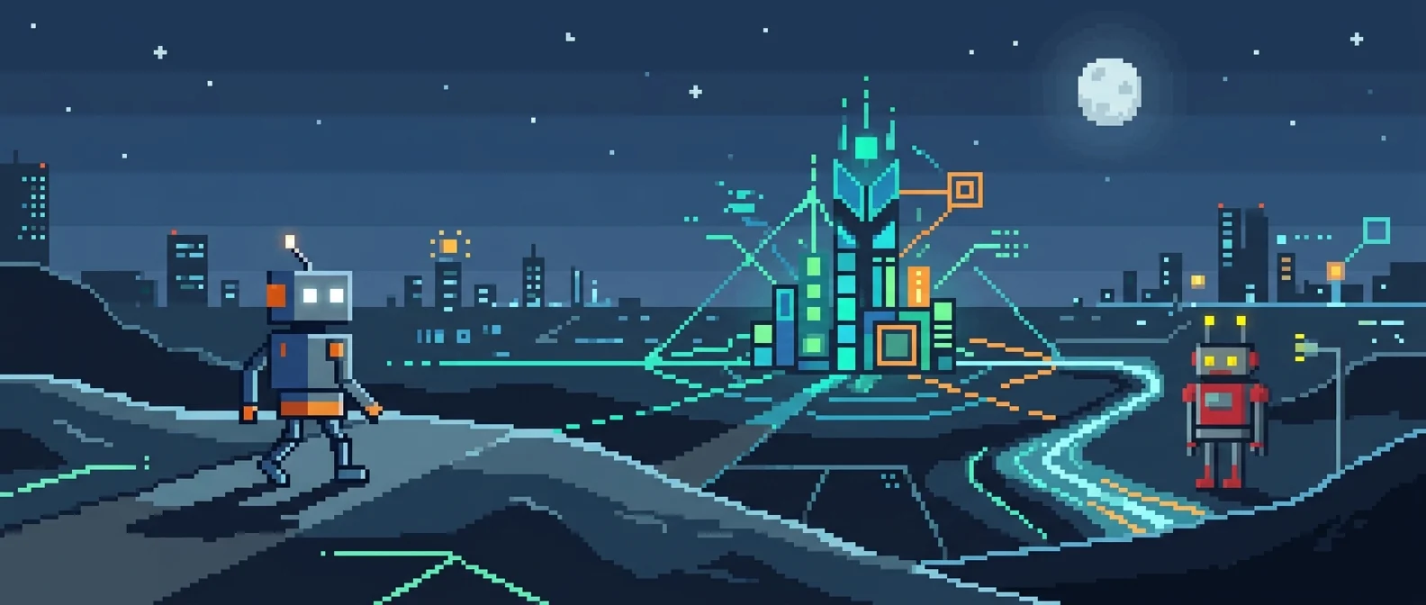 Pixel-art illustration of two robots on a road at night, looking toward a glowing network of data nodes above a city.