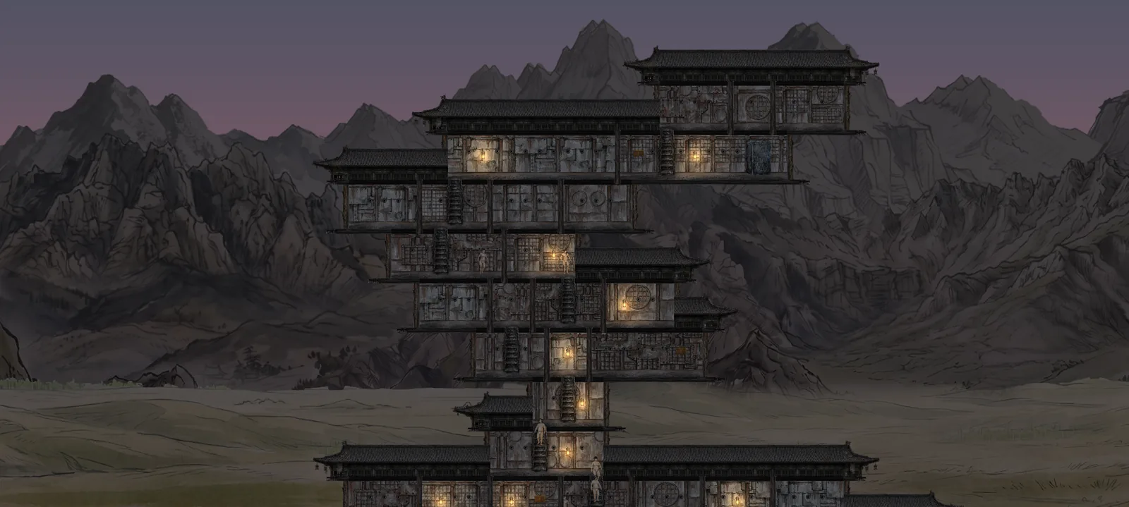 A tall player-built settlement from Shogun Exodus beneath a pale dawn sky.