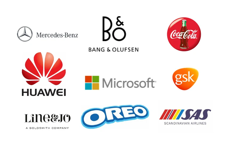 Logos of Mercedes-Benz, Bang & Olufsen, Coca-Cola, Huawei, Microsoft, GSK, Line&Jo, Oreo and Scandinavian Airlines.