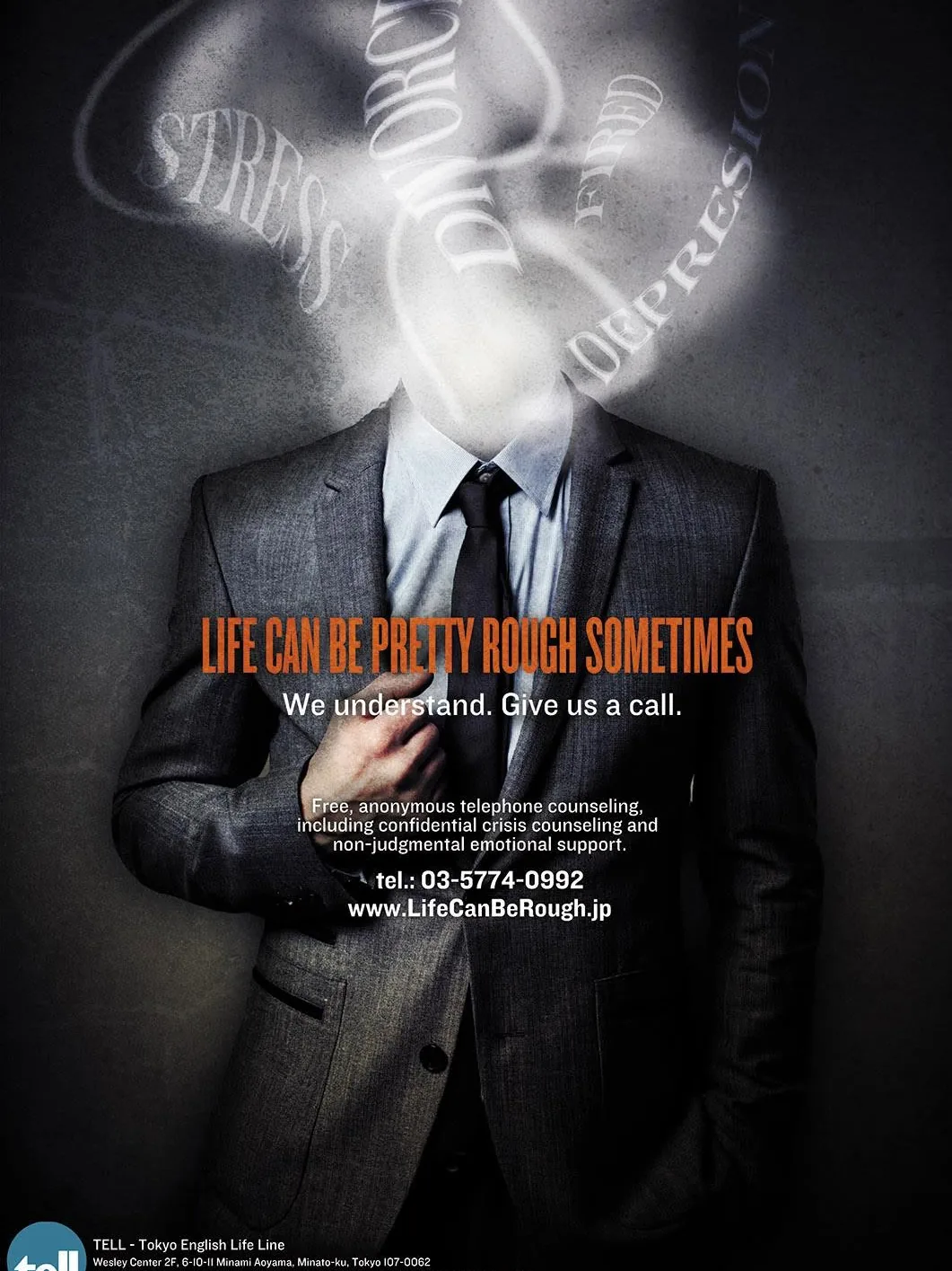A campaign poster from Philip Zeplin's master's project for a Tokyo telephone counselling service, showing a suited figure whose head is a cloud.
