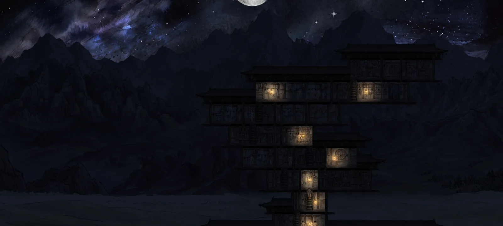 A dark Shogun Exodus settlement with a handful of rooms lit at night.